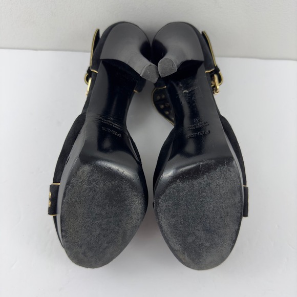 Fendi black suade with gold trim Grommet peep toe platform heels - Picture 9 of 10